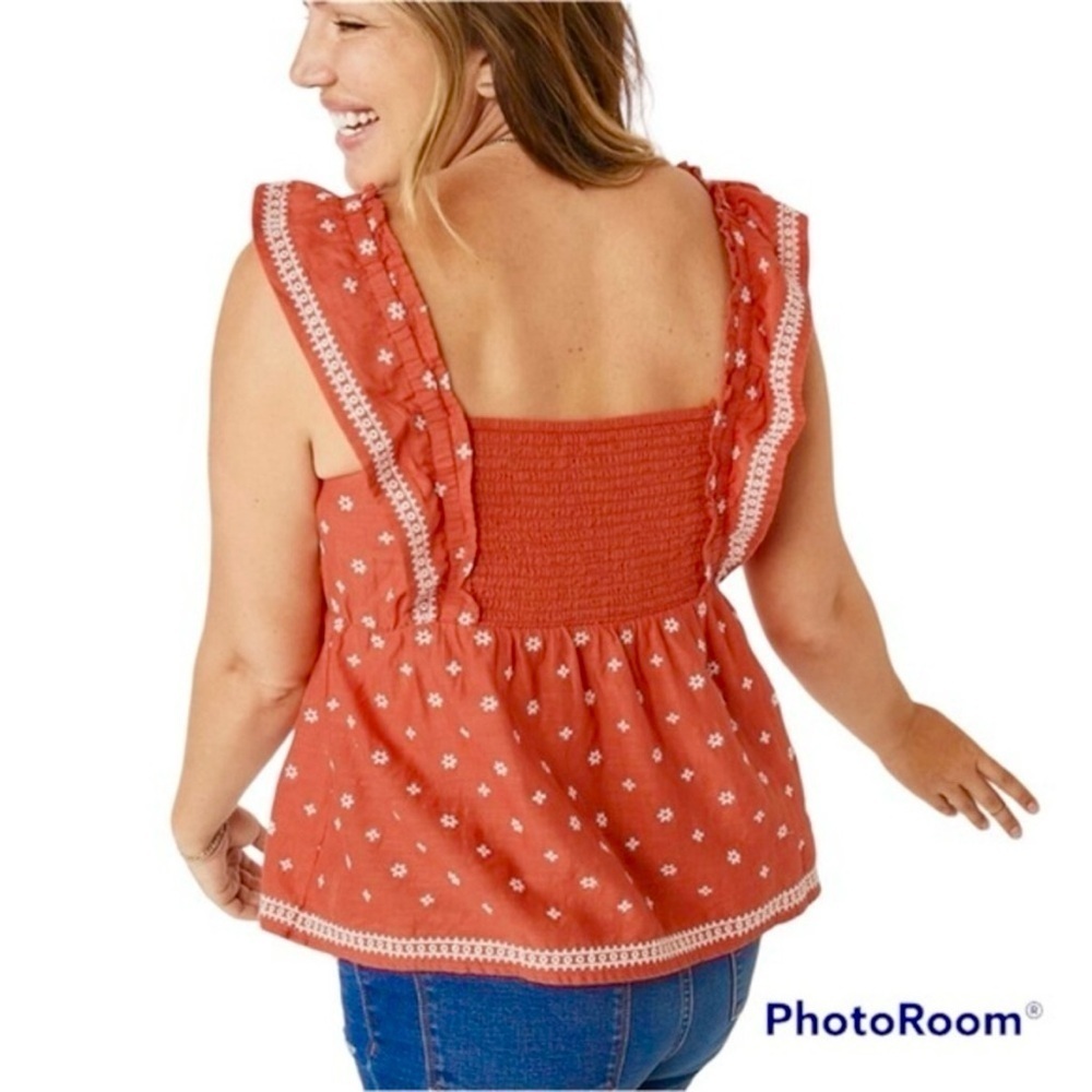 Old Navy Coral Smocked Ruffle Sleeve Embroidered Top NWT XXL Cottagecore